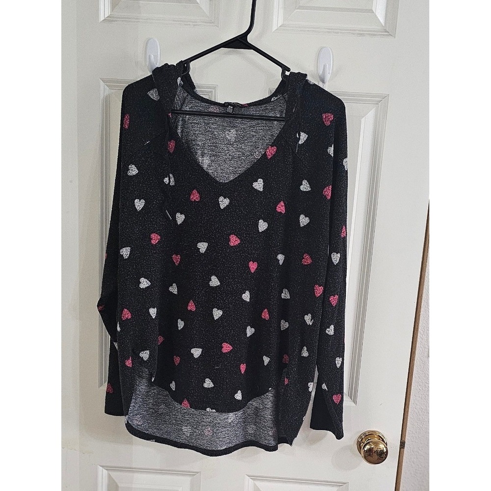 Lucky Brand Womens Heart Print Hooded V-Neck Top Grey Pink Long Sleeve‎ Medium
